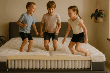Kids playing and jumping on a mattress in a bedroom setting, demonstrating comfort, support, and quality sleep for children.