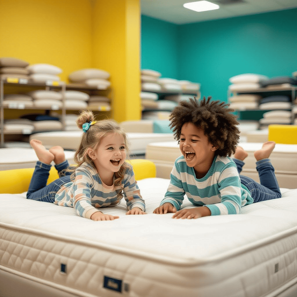 Kids smiling on a mattress at a mattress store, showcasing comfortable and supportive mattresses for children.