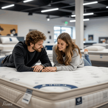 Soft plush mattress with a happy couple lying on it in a mattress store, showcasing comfortable sleep surface for better rest and sleep quality in the mattress marketplace.