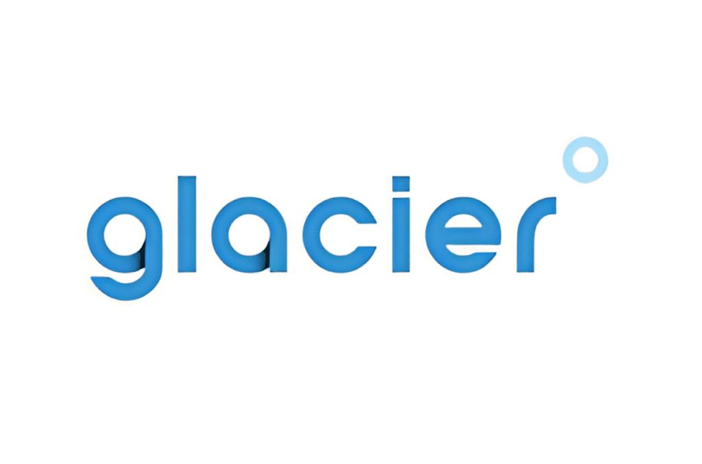 Glacier logo with blue text and circular design for mattress and sleep support solutions.