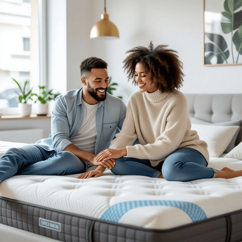 Relaxed couple enjoying a comfortable mattress in a modern bedroom, showcasing the benefits of quality sleep and supportive mattresses for better sleep health.