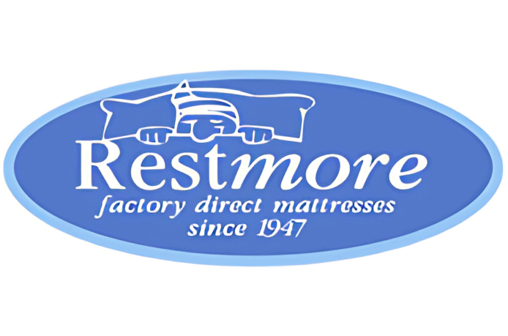Restmore mattress factory logo with a dog sleeping on a bed, emphasizing quality handmade mattresses since 1947.