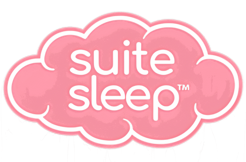 Cloud-shaped logo with "suite sleep" text in white on a pink background, representing a sleep-related brand or product.