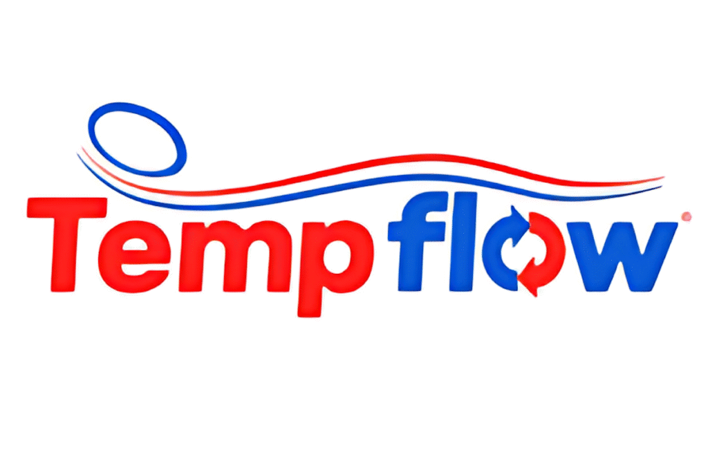 Temp flow logo with red and blue wavy lines representing airflow for mattress cooling, emphasizing breathable sleep solutions and mattress comfort.