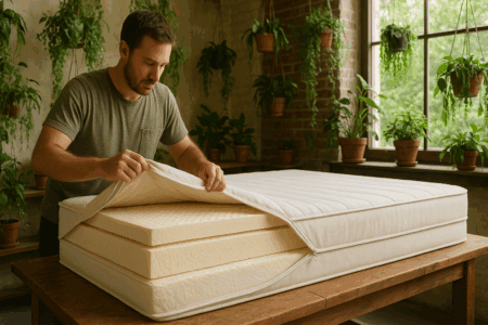 Comfortable person removing mattress encasement on an organic mattress for better sleep quality, eco-friendly materials, and allergy relief in a green, natural bedroom setting.