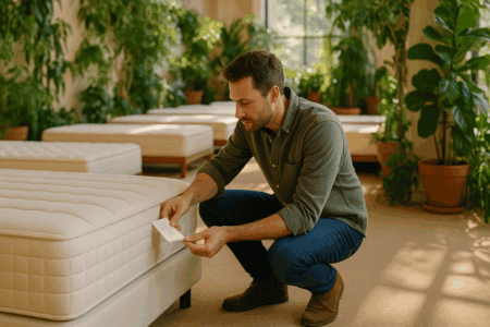 Mattress shopping, inspecting a mattress store with an emphasis on quality mattresses and sleep comfort, surrounded by green plants and natural light in a showroom setting.