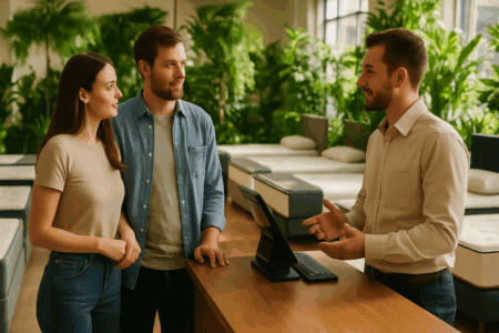 Comfortable mattress shopping discussion at Mattress Underground, helping customers find high-quality, affordable mattresses with expert guidance on mattress materials and sleep health.