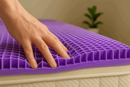 Flexible purple memory foam mattress topper for enhanced sleep comfort and pressure relief.
