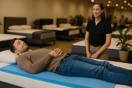 Comfortable mattress shopping experience at The Mattress Underground store, with a customer testing a mattress and a friendly staff member assisting in choosing the perfect bed for restful sleep.