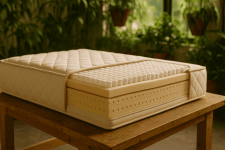 Tempur-Pedic memory foam mattress with adjustable foam layers for better sleep support, on a wooden table in a cozy, plant-filled room.