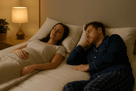 Comfortable couple sleeping on a mattress in a cozy bedroom, emphasizing mattress quality for better sleep, mattress shopping tips, and sleep health.