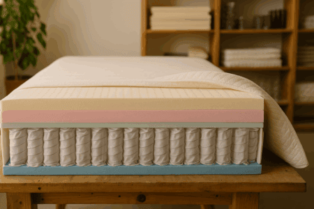Memory foam mattress with layered comfort foam and supportive pocketed coil system for better sleep quality.