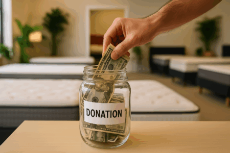 Donation jar with cash for mattress or sleep product funding, money for supporting mattress industry causes, charitable giving for sleep solutions, fundraiser for mattress community, mattress industry donation ideas.