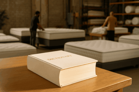 Discovery mattress dictionary book on wooden table in mattress store showroom with multiple beds and mattresses in background.