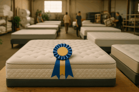 Luxury mattress with award ribbon displayed in mattress show factory, showcasing high-quality bedding and foam mattress construction for better sleep comfort.