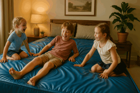 Kids playing and laughing on a comfortable memory foam mattress in a cozy bedroom for optimal sleep quality and mattress buying tips.