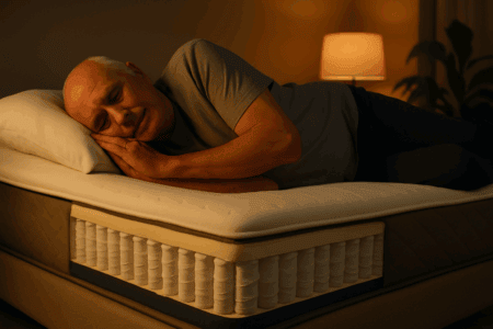 Sleeping man on mattress with nightstand and lamp - the mattress underground, mattress review site for quality mattresses, sleep tips, and mattress shopping advice.