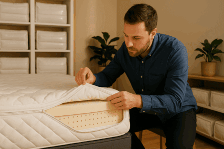 Comfort sleep mattress inspection, man examining mattress layer, mattress care and testing, bedroom with plush bedding, optimizing sleep comfort and mattress quality.