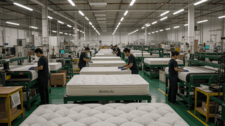 Factory workers assembling mattresses in a large industrial mattress manufacturing plant, emphasizing quality bedding production and mattress construction.