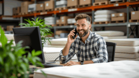 Quality office worker at a bedding and mattress store using phone and computer in warehouse setting.