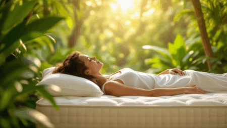 Serene woman relaxing on mattress outdoors surrounded by lush greenery, promoting natural sleep and comfort.