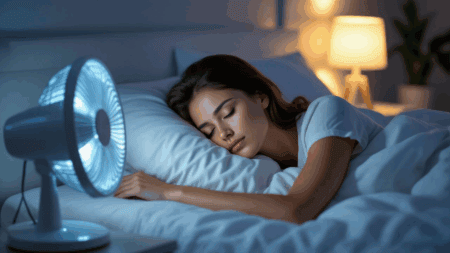 Cooling fan for better sleep comfort on mattress, women sleeping peacefully, bedroom at night, sleep environment, mattress cooling technology.
