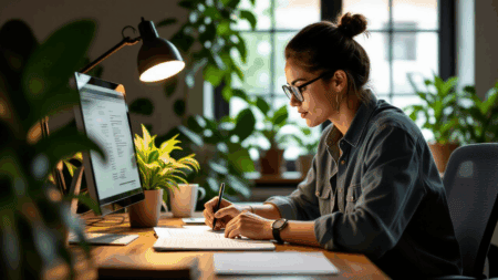 Image-of-a-woman-working-at-desk-with-computer-and-plants-in-the-background.