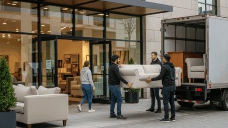 Furniture delivery outside a modern store with people unloading a white sofa.