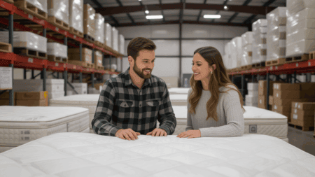 Comfortable showroom with couples exploring affordable mattresses and sleep solutions at The Mattress Underground. Ideal for those seeking quality mattress shopping online and in-store.