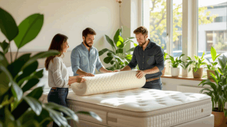 Comfortable mattress testing in a bright, modern bedroom with three people handling a foam mattress topper, surrounded by lush green plants for a relaxing sleep environment.