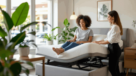 Comfortable bed with adjustable frame, women consulting about mattress options, in a modern bedroom with natural light and indoor plants.