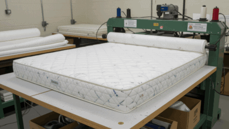 High-quality mattress manufacturing process in a production facility for custom mattresses and foam mattresses.