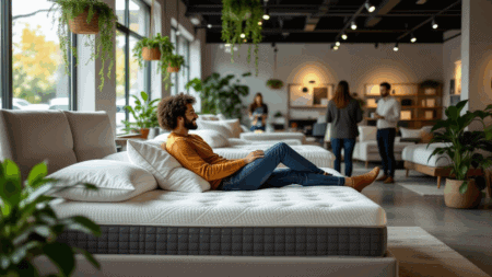 Comfortable mattress display in a modern furniture store with customers shopping for sleep solutions.