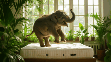 Elephant standing on a mattress in a sunlit room with green plants.