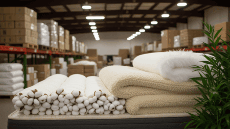 Soft mattress and bedding materials displayed in a warehouse setting for mattress manufacturing and customization.