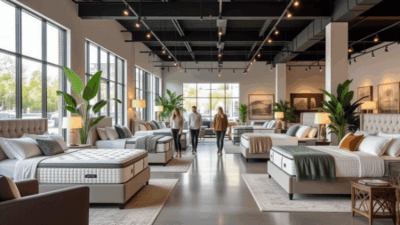 Luxury mattress showroom with natural light, modern beds, and cozy decor, ideal for mattress shopping and finding the best sleep solutions.