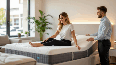 Comfortable mattress testing with a woman sitting, showroom bedroom, supportive sleep system, high-quality bedding, mattress selection for better sleep, Mattress Underground focus.
