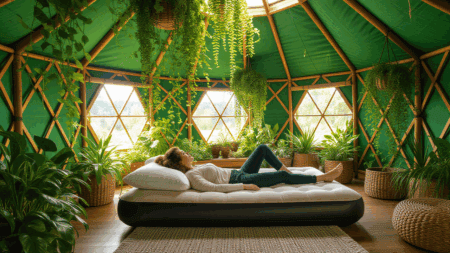 Fresh air and greenery enhance sleep quality in eco-friendly sleeping spaces. Using natural elements and abundant sunlight creates a restful environment promoting better rest and well-being.