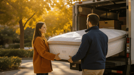 Comfortable mattress delivery and setup by professional movers | The Mattress Underground logo on a mattress being delivered in an outdoor setting.