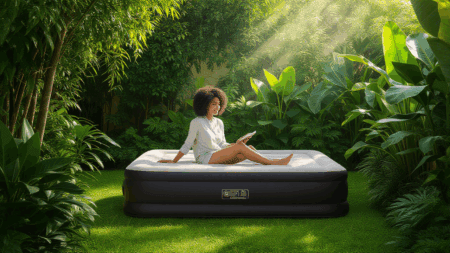 Inflatable air mattress in lush green outdoor garden for comfortable sleep, foldable portable guest bed, ideal for camping, travel, or overnight guests, durable and easy to inflate and deflate.