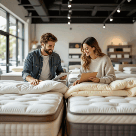 Fresh, supportive mattresses in showroom setting for sleep comfort and mattress shopping advice. Customers trying different mattresses at Mattress Underground.