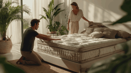 Luxury mattress review with a couple testing the comfort and support in a bright, modern bedroom with lush indoor plants. Emphasizes mattress quality, comfort, and bedroom sleep setup.