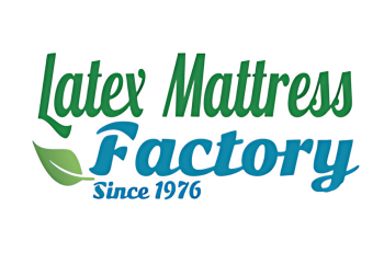 Latex Mattress Factory logo with green and blue text and leaf design, specializing in high-quality latex mattresses and sleep products since 1976.