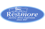 Restmore mattress factory logo with a dog sleeping on a bed, emphasizing quality handmade mattresses since 1947.