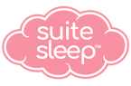 Cloud-shaped logo with "suite sleep" text in white on a pink background, representing a sleep-related brand or product.