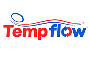 Temp flow logo with red and blue wavy lines representing airflow for mattress cooling, emphasizing breathable sleep solutions and mattress comfort.