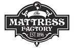 Black and white logo of The Mattress Factory with vintage font and decorative elements, signifying quality mattress craftsmanship since 1896.